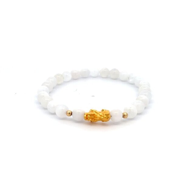 Unbranded Jewelry - 18K Gold Dragon Pixiu Piyao Lucky Charm Beads Bracelet Gemstones White Jade 6mm